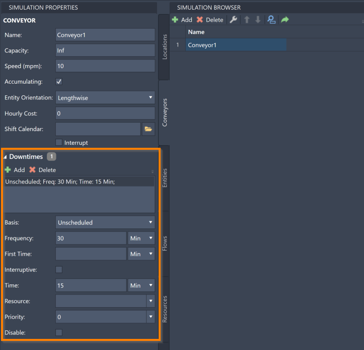 Conveyors Downtime Menu